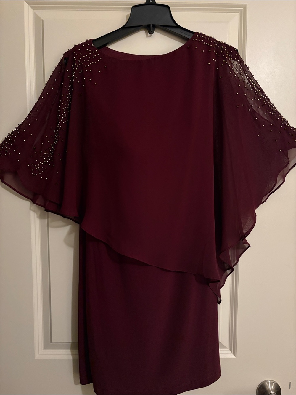 Dj Jaz Djjaz Beaded Embellished Cold Shoulder Burgundy Chiffon Cape Sheath Dress